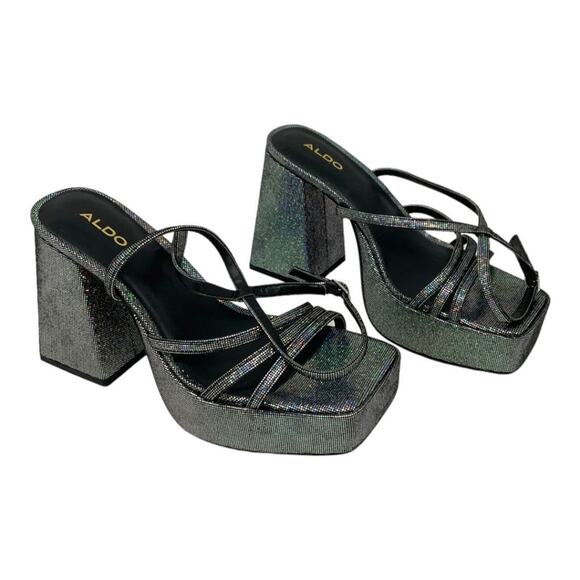 Aldo Landabriver Strappy Heeled Platform Sandal Black Metallic Size 8.5 NWT $110 - Picture 2 of 7
